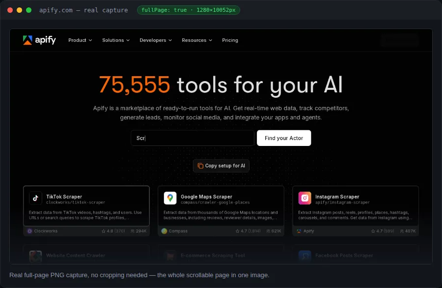 Real full-page capture of apify.com