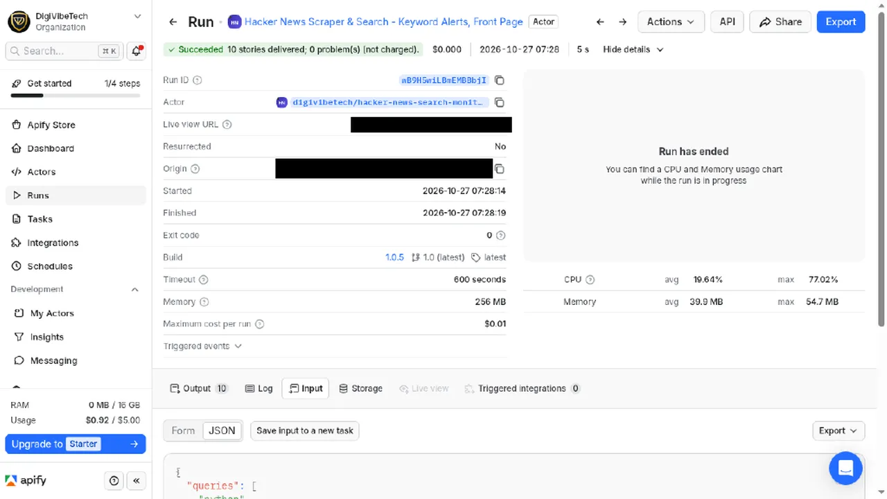 Run summary: charged events, cost, and skipped inputs (free)