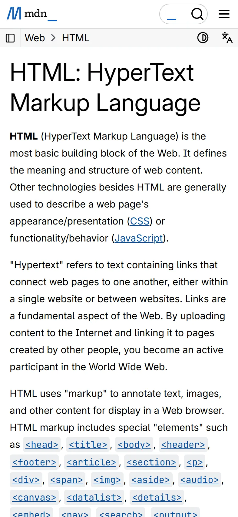 iPhone screenshot of an MDN Web Docs page