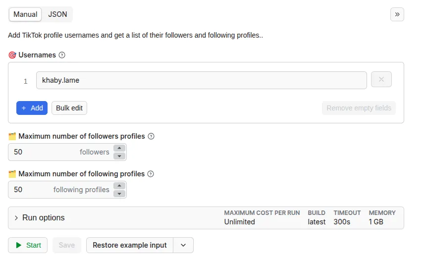 TikTok Followers Scraper input