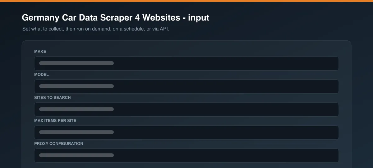 Germany Car Data Scraper 4 Websites input options
