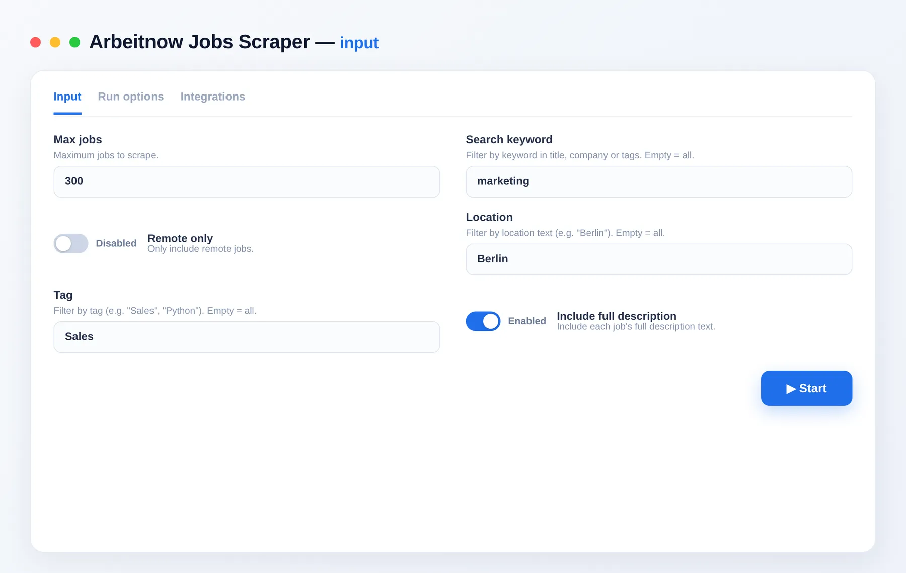 Arbeitnow Jobs Scraper input — keyword, remote and location filters in the Apify Console