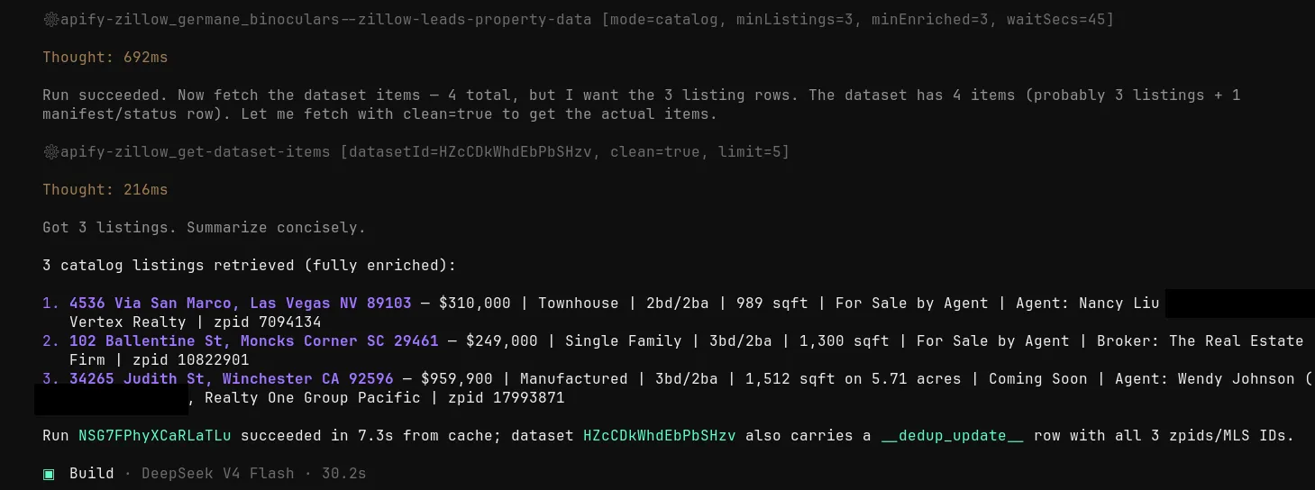 An AI agent calling this actor via the Apify MCP server and receiving enriched Zillow leads