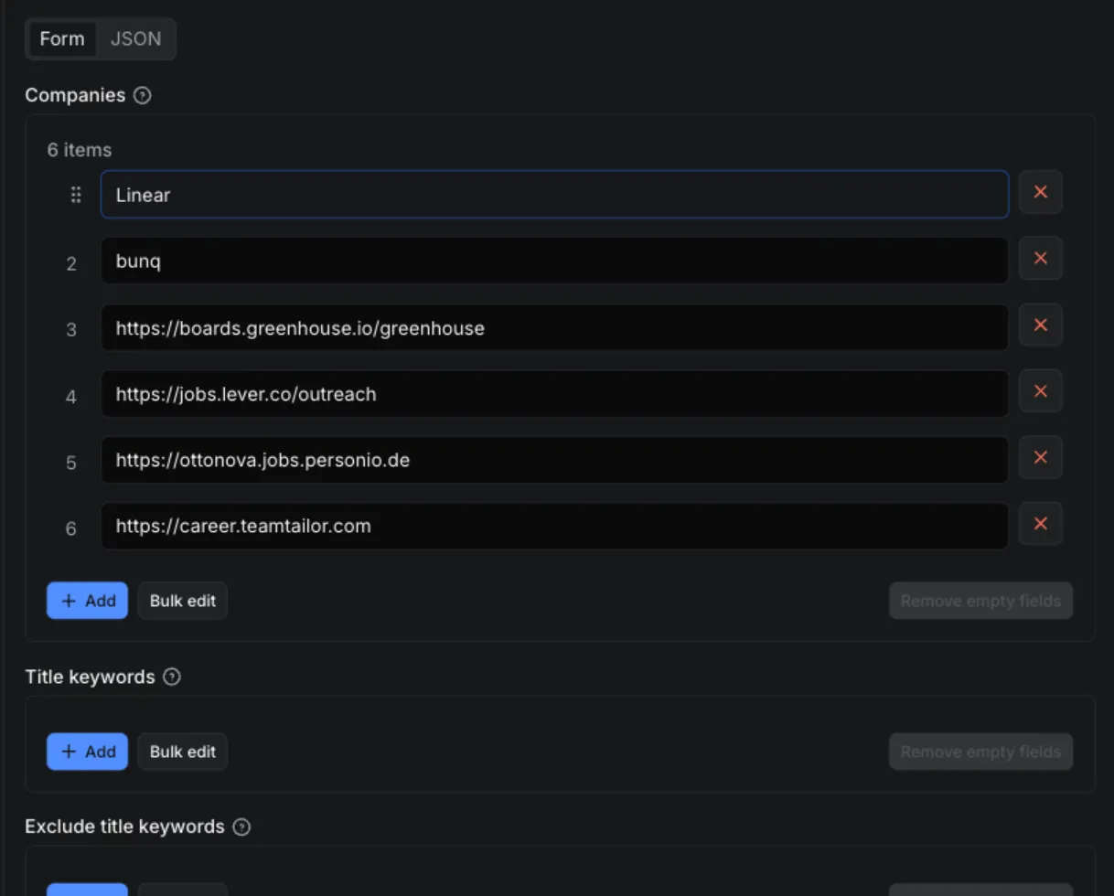 Company Career Page Jobs Scraper input form with the 6 prefilled companies