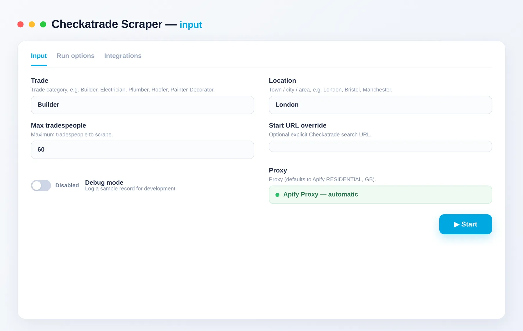 Checkatrade Scraper input — trade, location and results limit in the Apify Console