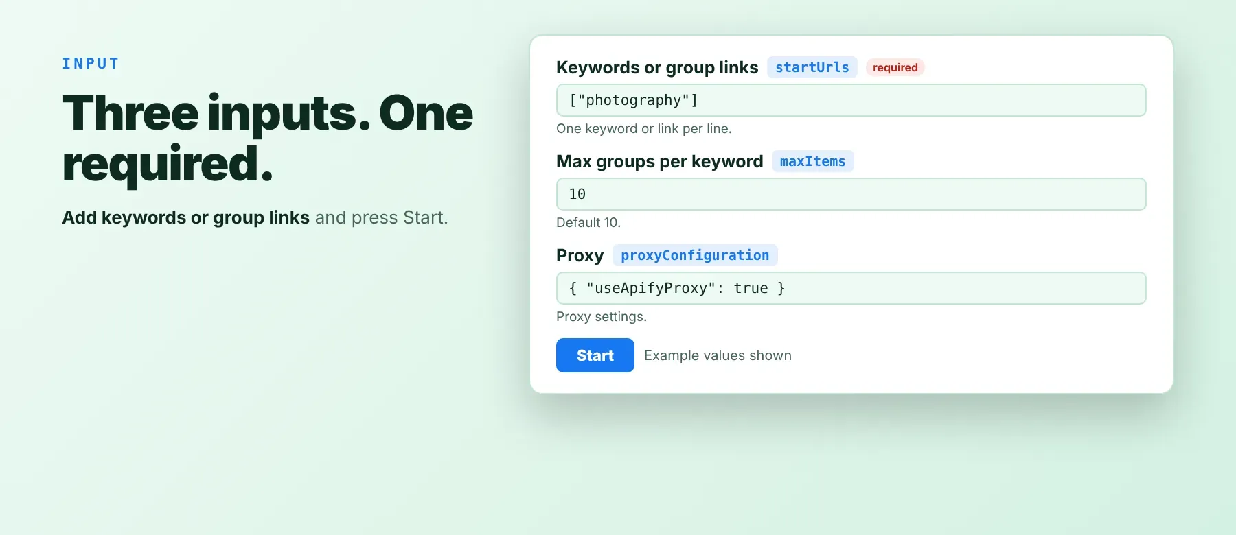 Facebook Groups Search Scraper input fields