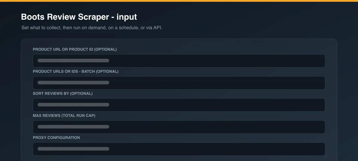 Boots Review Scraper input options