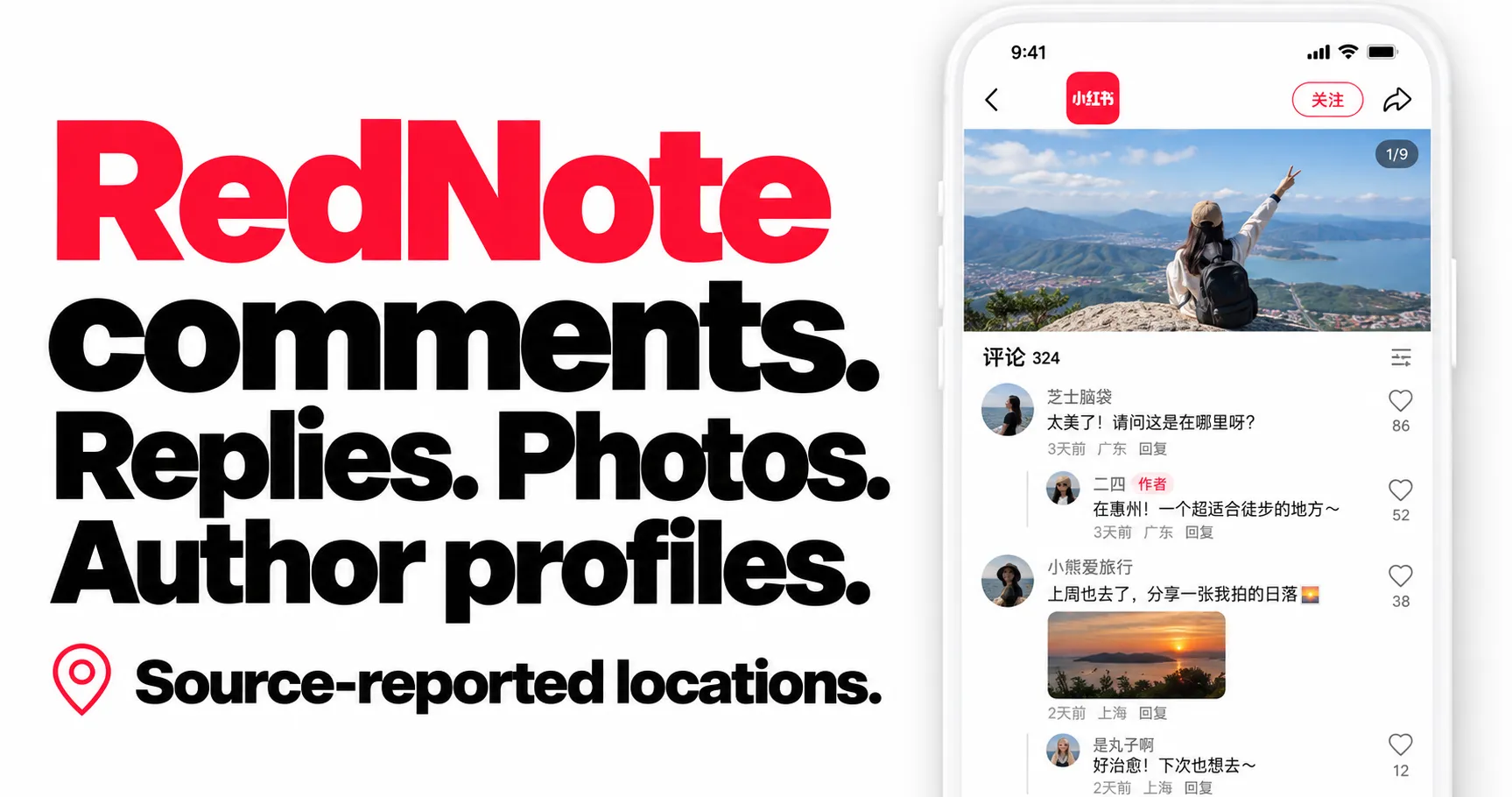 RedNote comments, replies, photos, author profiles and source-reported locations. Source-inspired comment-thread artwork.