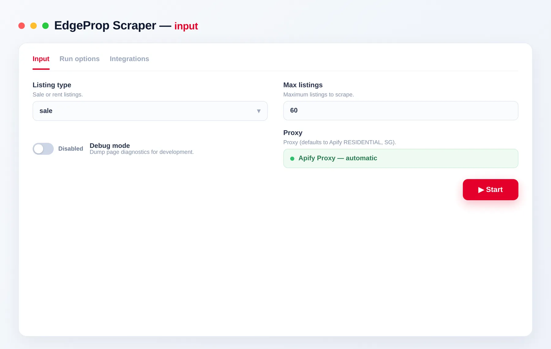 EdgeProp Scraper input — listing type, property type and max items in the Apify Console
