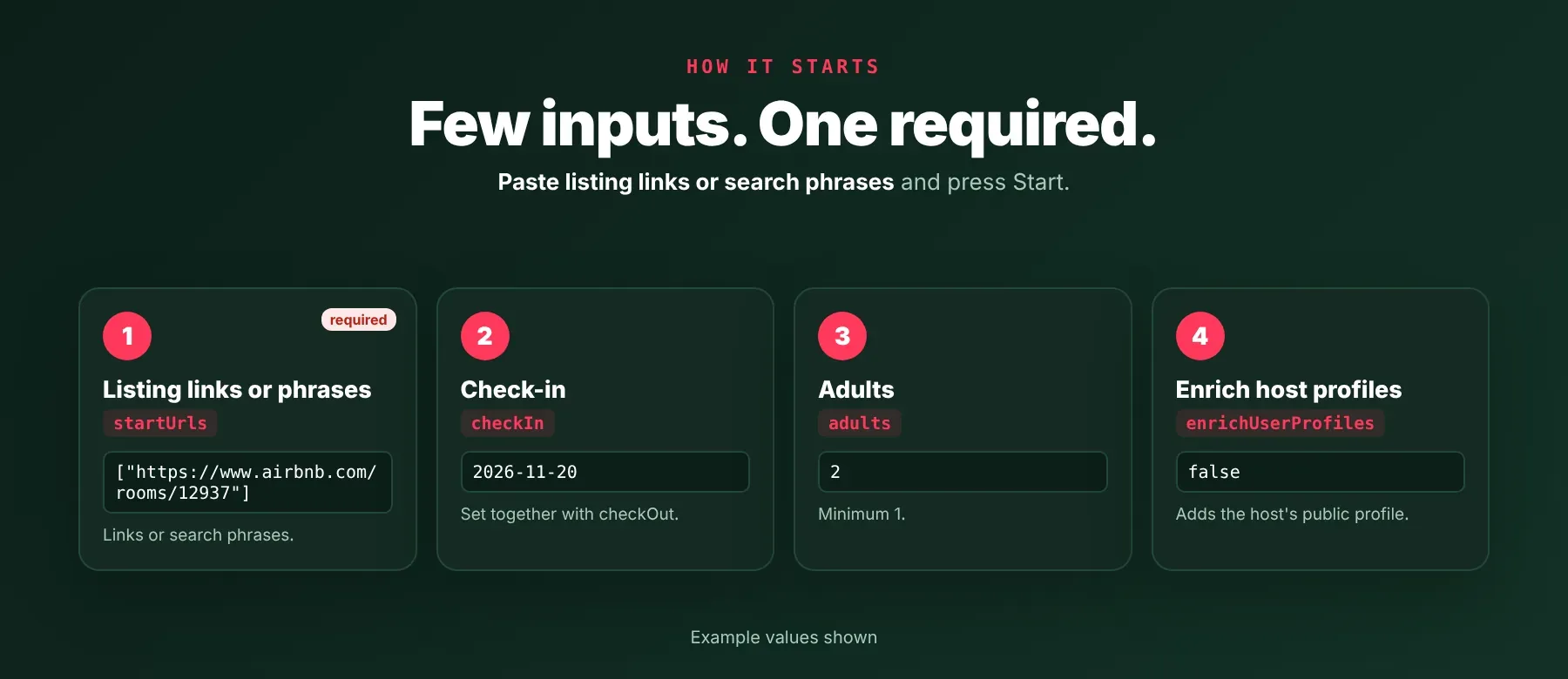 Airbnb Rooms URLs Scraper input form with listing links, check-in, adults and enrich host profiles