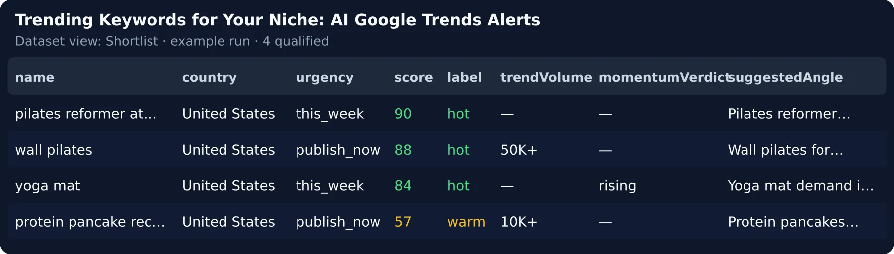 One row per trend for your niche — country, urgency, relevance, search volume, momentum and the angle to publish