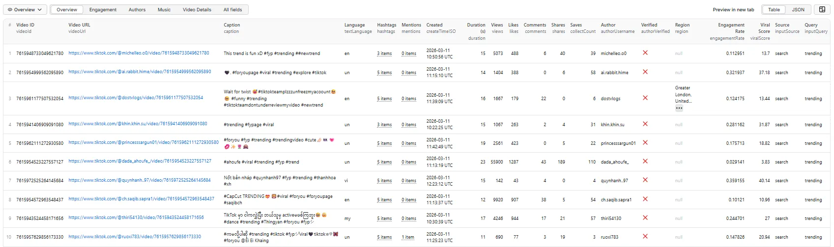 TikTok Video Scraper — Output Overview Table View