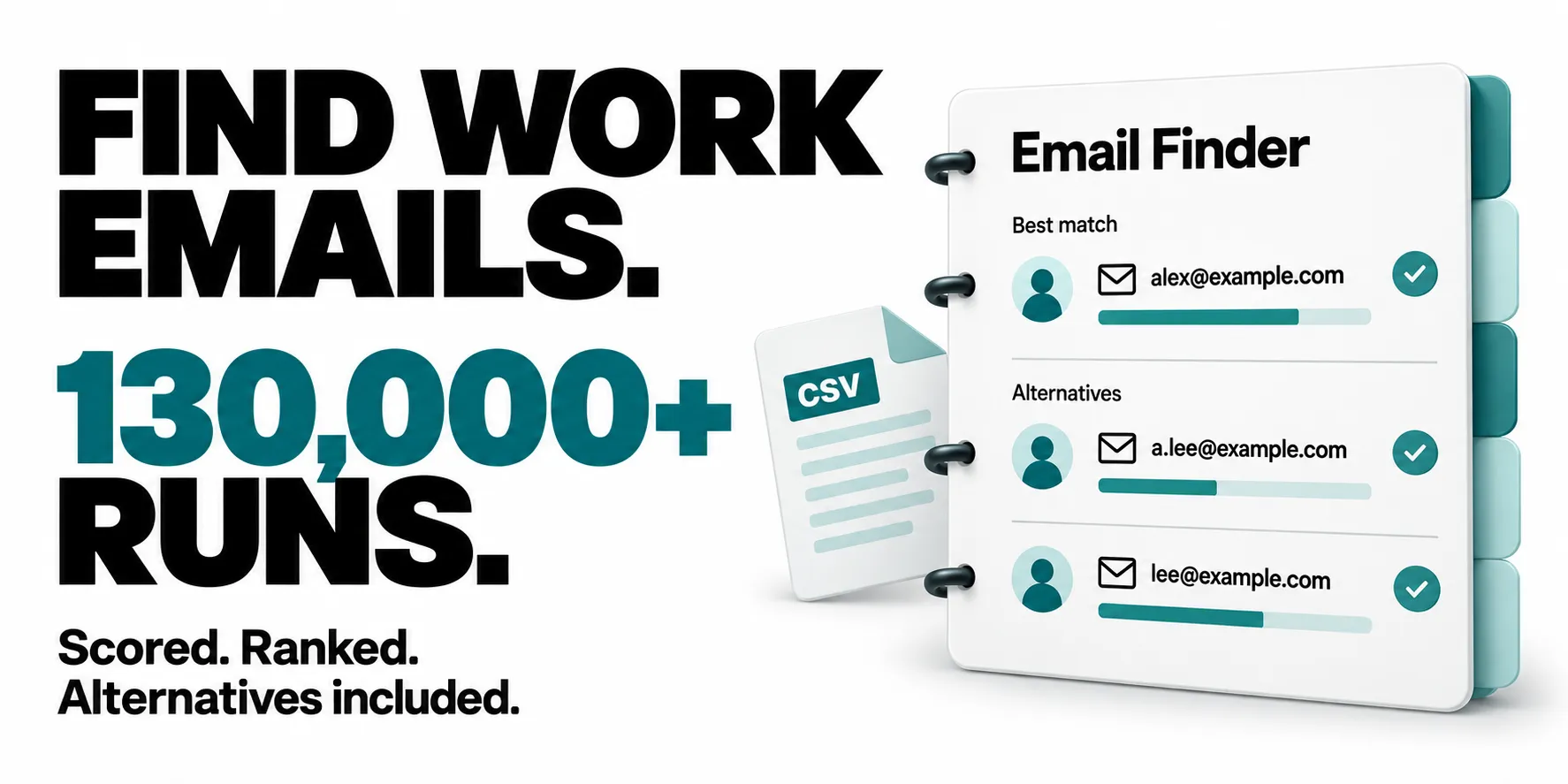 FIND WORK EMAILS. 130,000+ RUNS. Scored. Ranked. Alternatives included.