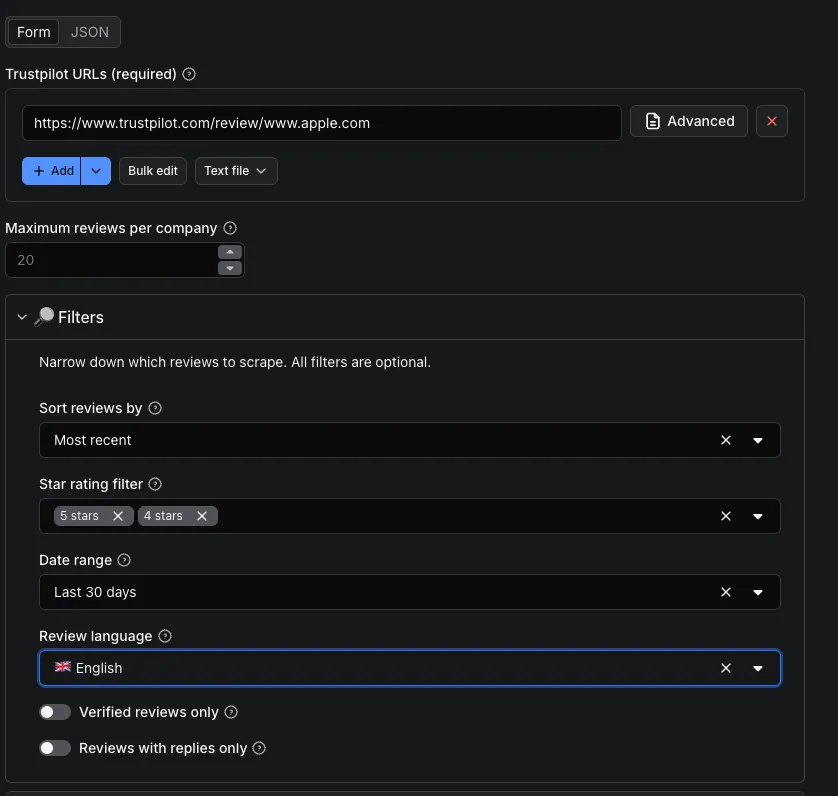 Trustpilot Scraper input form – paste Trustpilot URLs and set filters for reviews