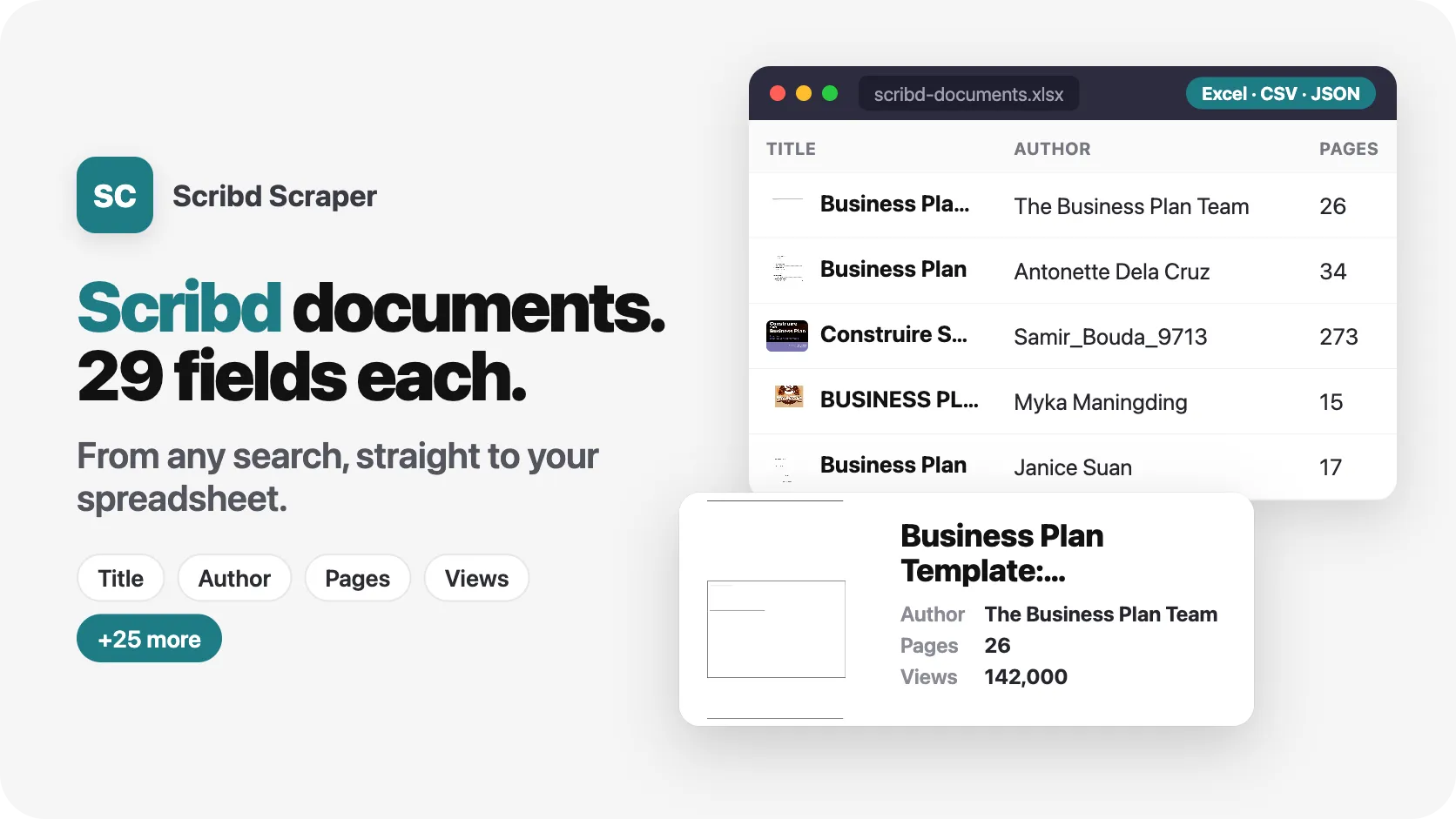 Scribd documents, 29 fields each, from any search.