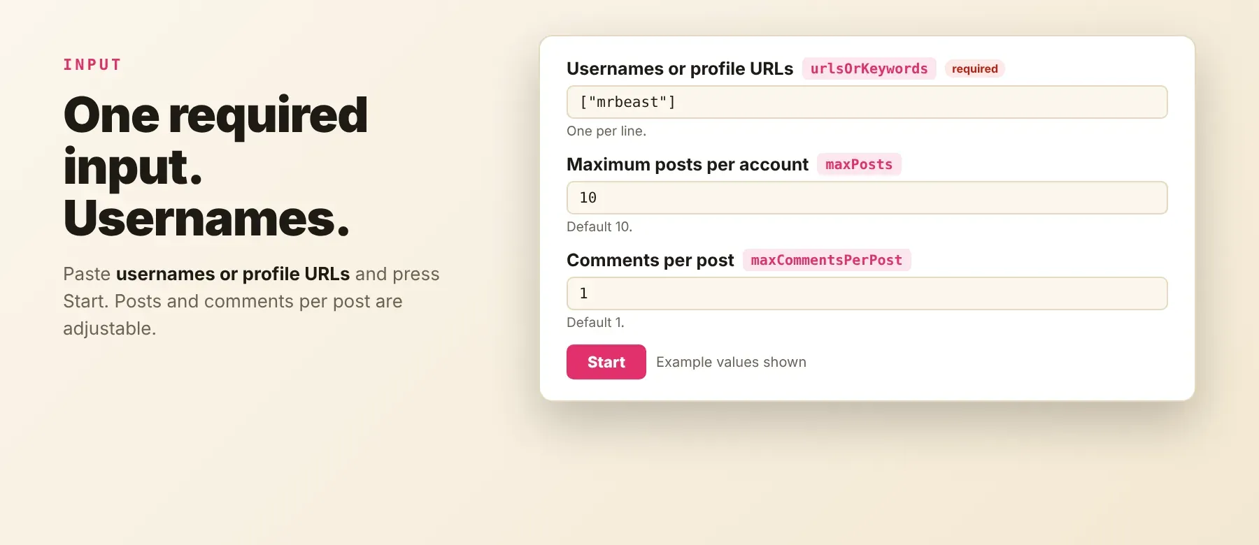 Input fields of the Instagram Tagged & Mentions Posts Scraper