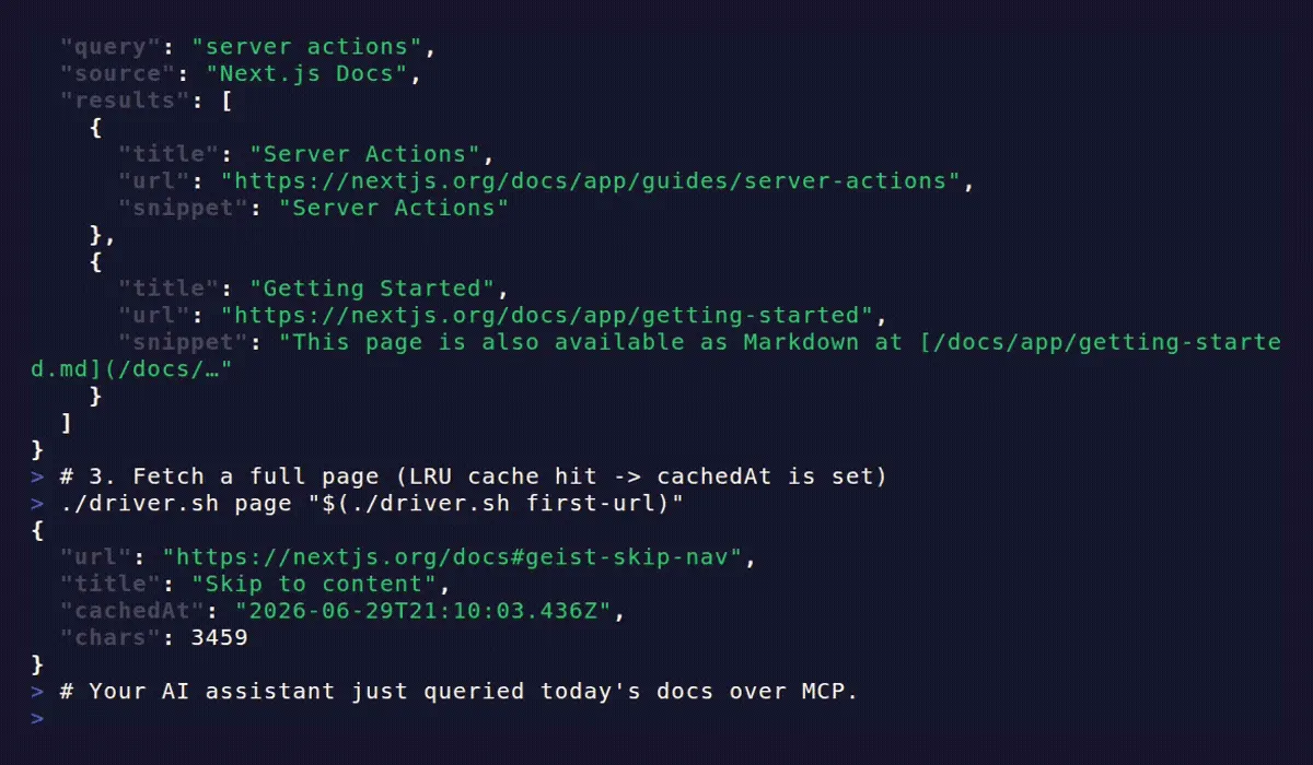Docs MCP Server Starter demo — get_toc, search_docs, and get_page over MCP against the live Standby server