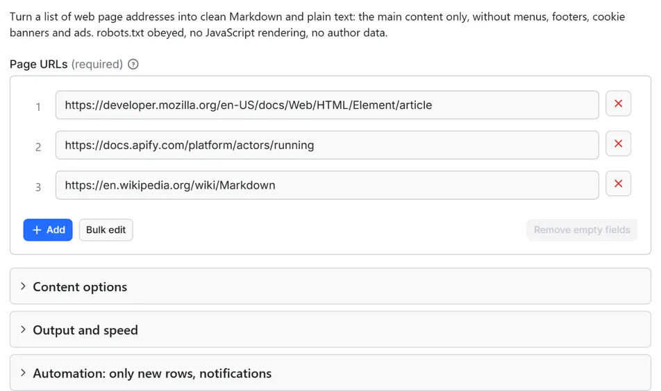 Input form of Website to Markdown Extractor: Clean Text for LLMs and RAG