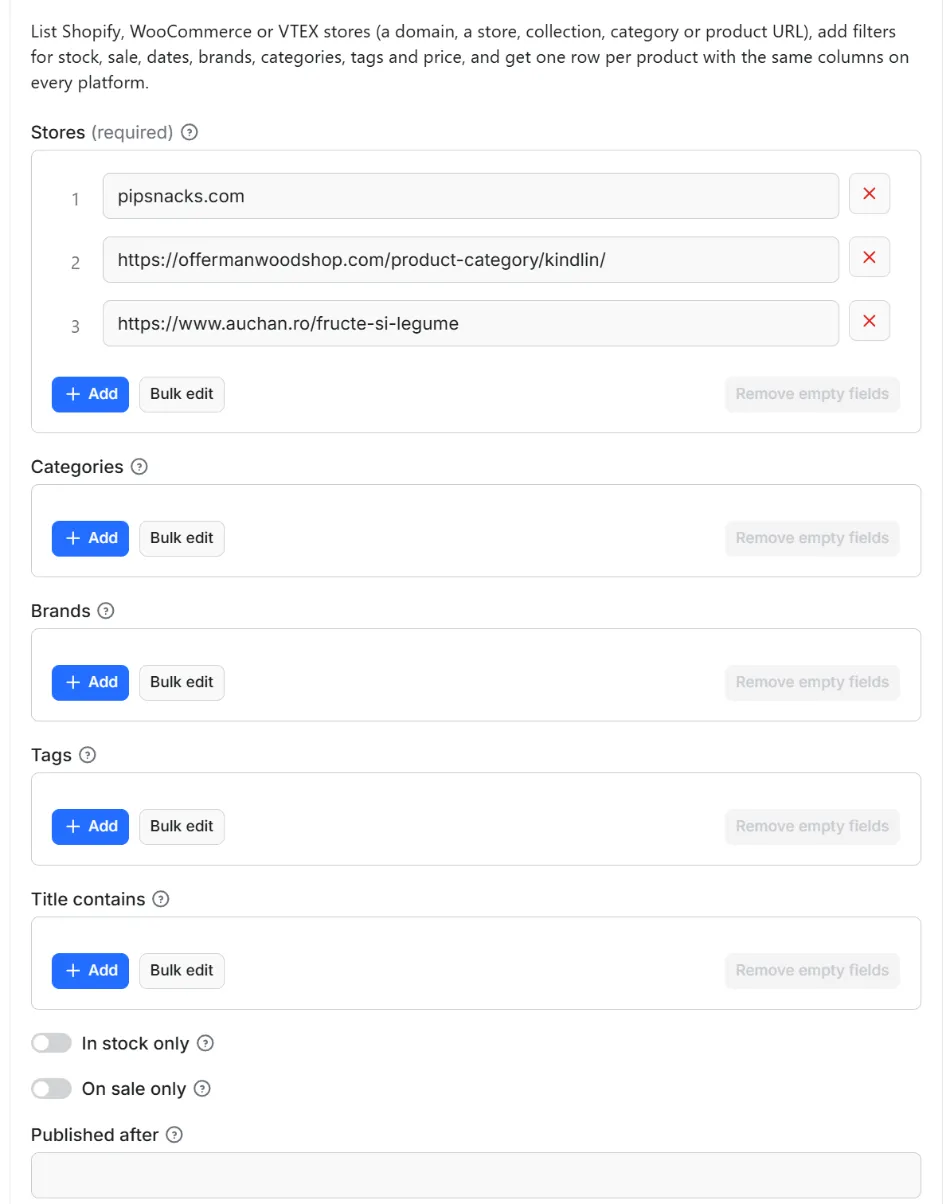 Input form of Store Products Scraper – Shopify, WooCommerce, VTEX