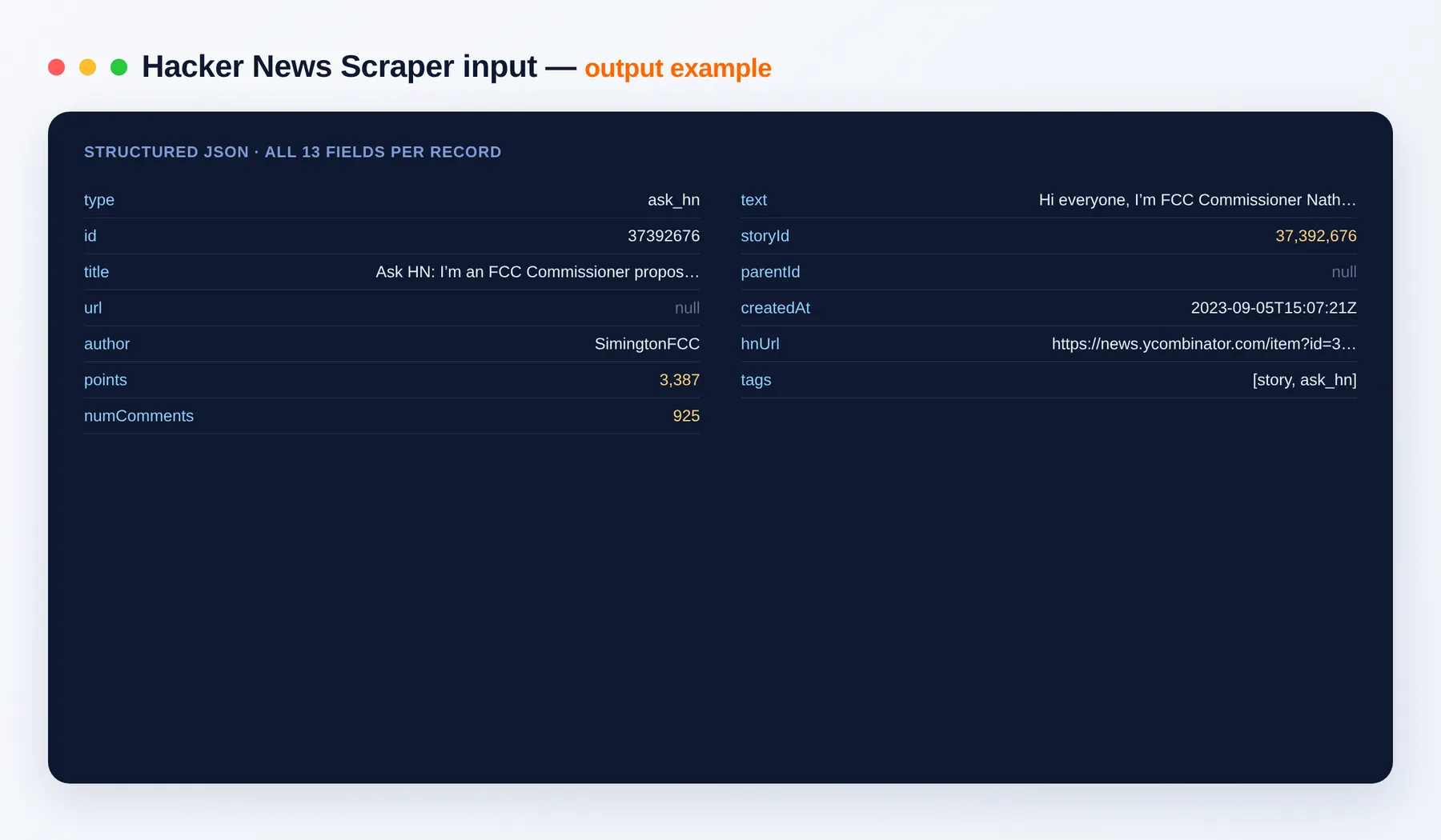 Hacker News Scraper output example — stories and comments as structured JSON
