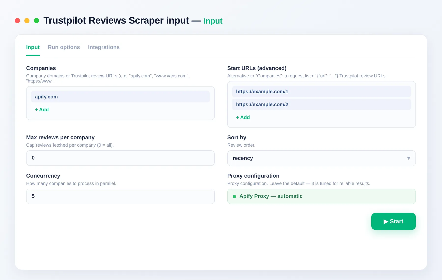 Trustpilot Reviews Scraper input — company domains, review cap and sort in the Apify Console