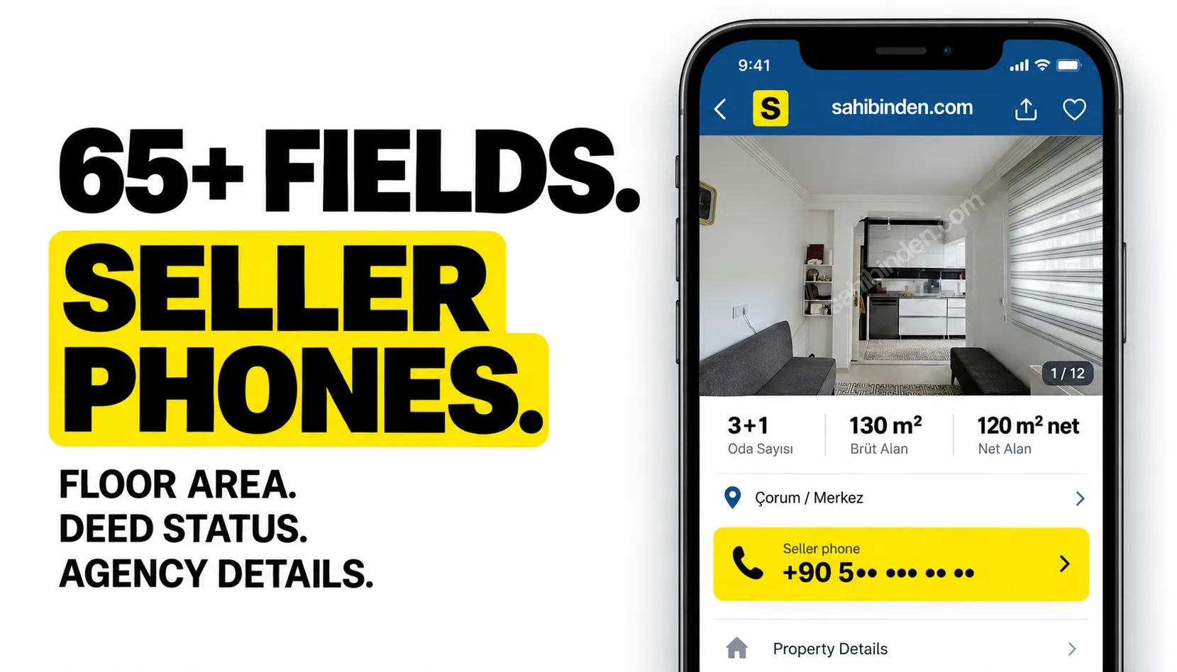 65+ fields. Seller phones. Floor area. Deed status. Agency details.