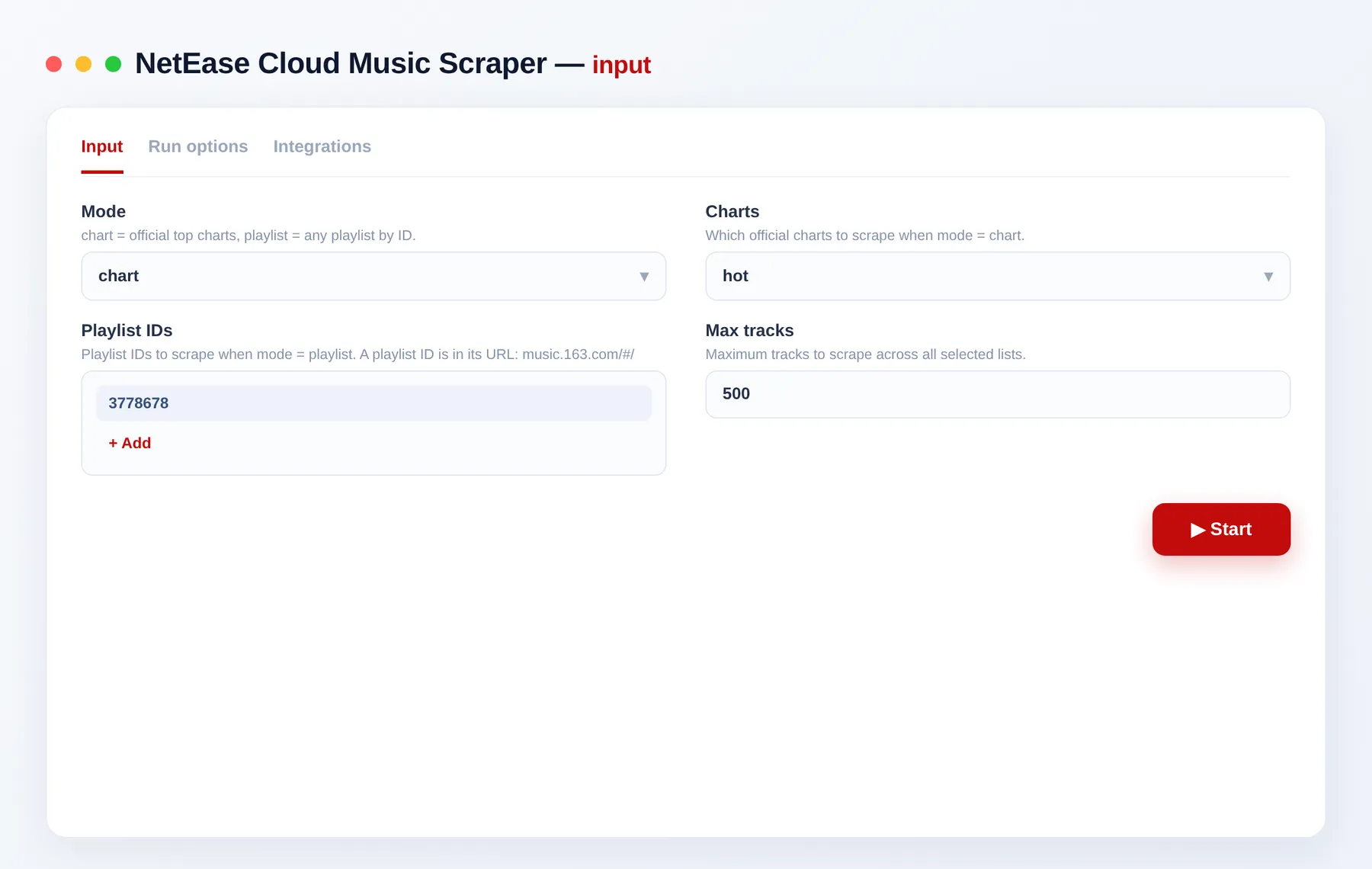NetEase Music Scraper input β mode, charts and max tracks in the Apify Console