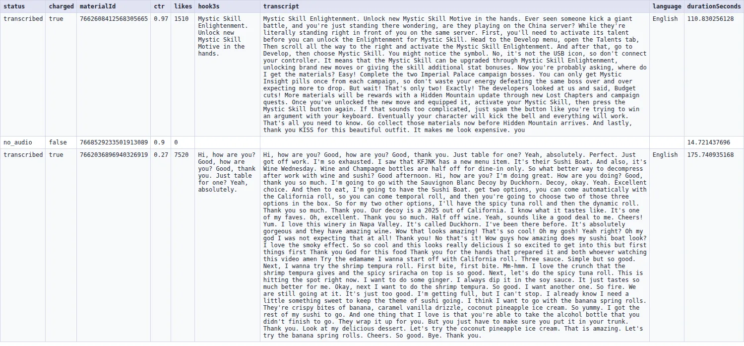 TikTok ad transcripts output table — material ID, CTR, likes, first-3s hook, transcript and the charged flag
