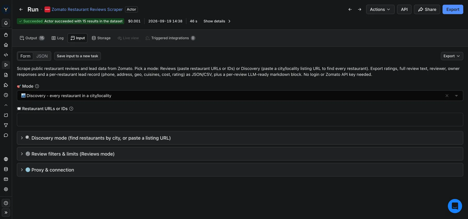 Zomato scraper input: pick a mode, city and cuisine, or paste restaurant URLs