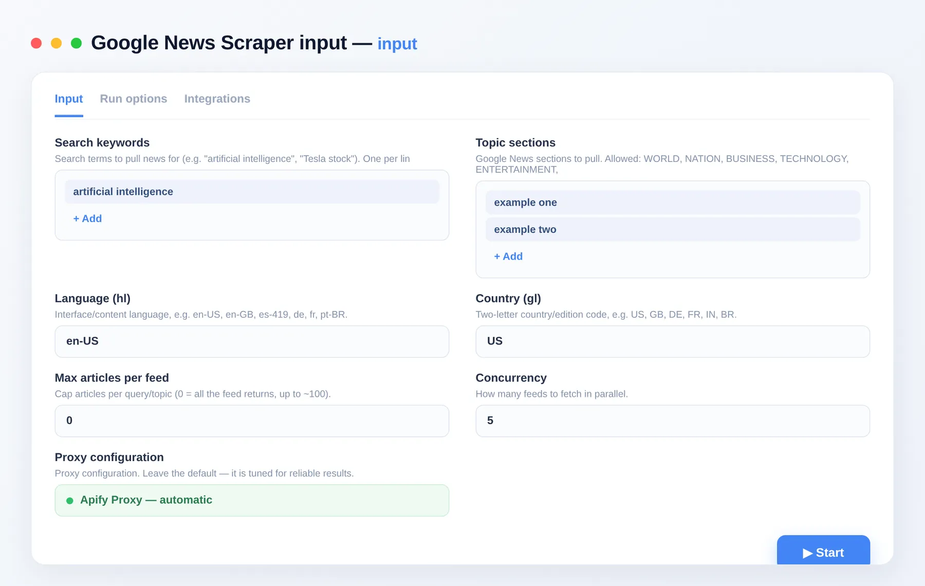 Google News Scraper input — search queries, topic sections and language/country edition in the Apify Console