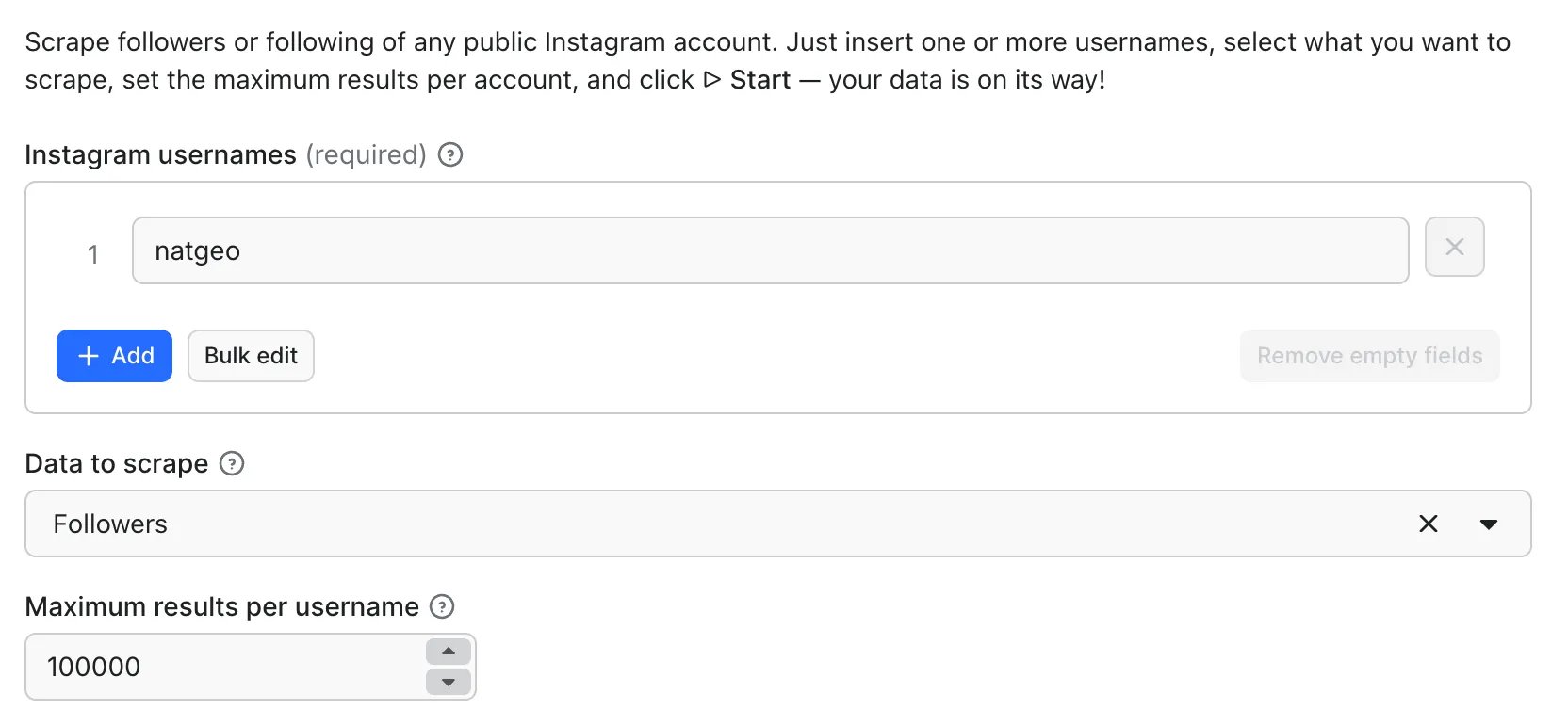 Instagram Followers & Following Scraper input