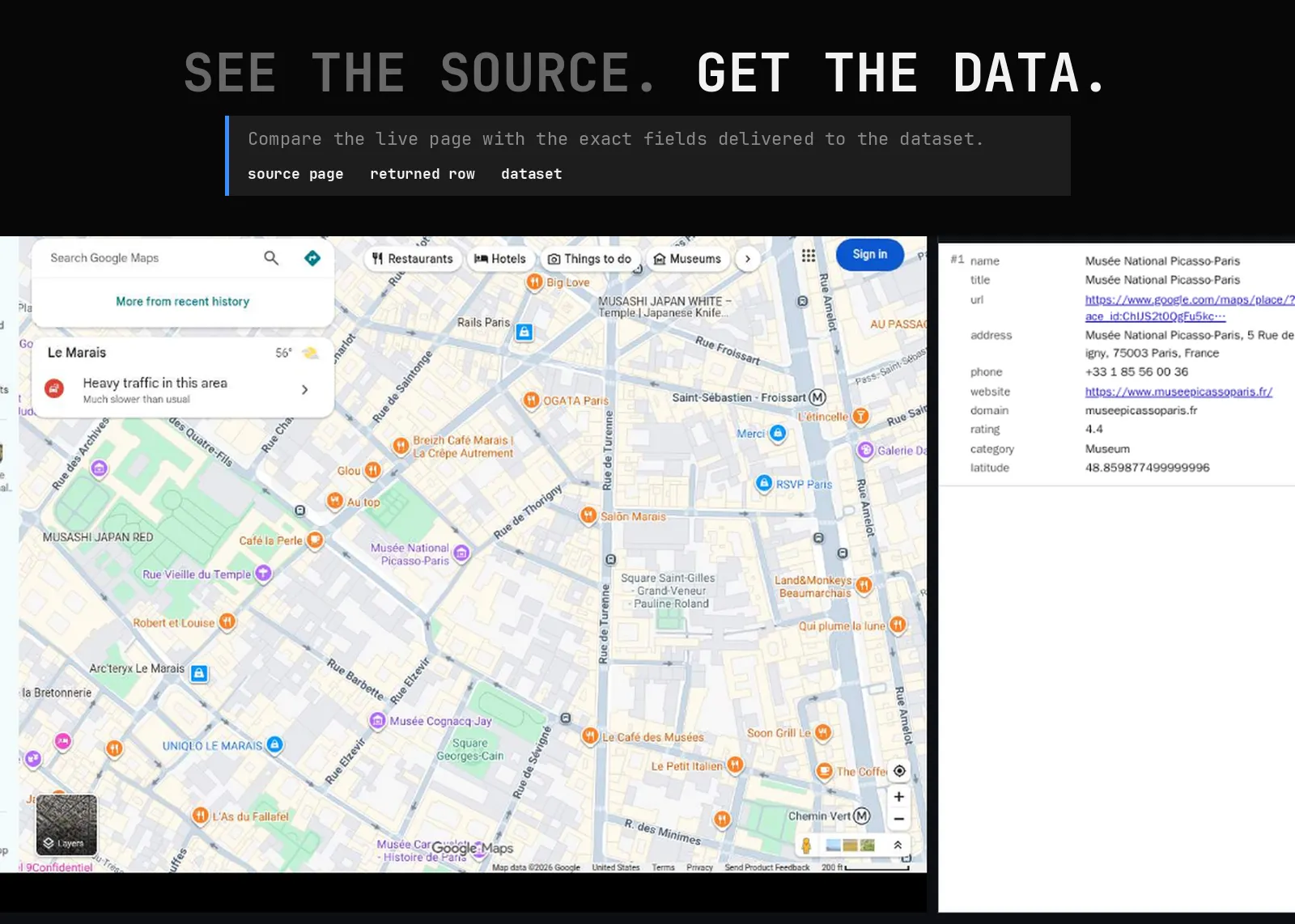Maps Place Data Scraper source page and returned record