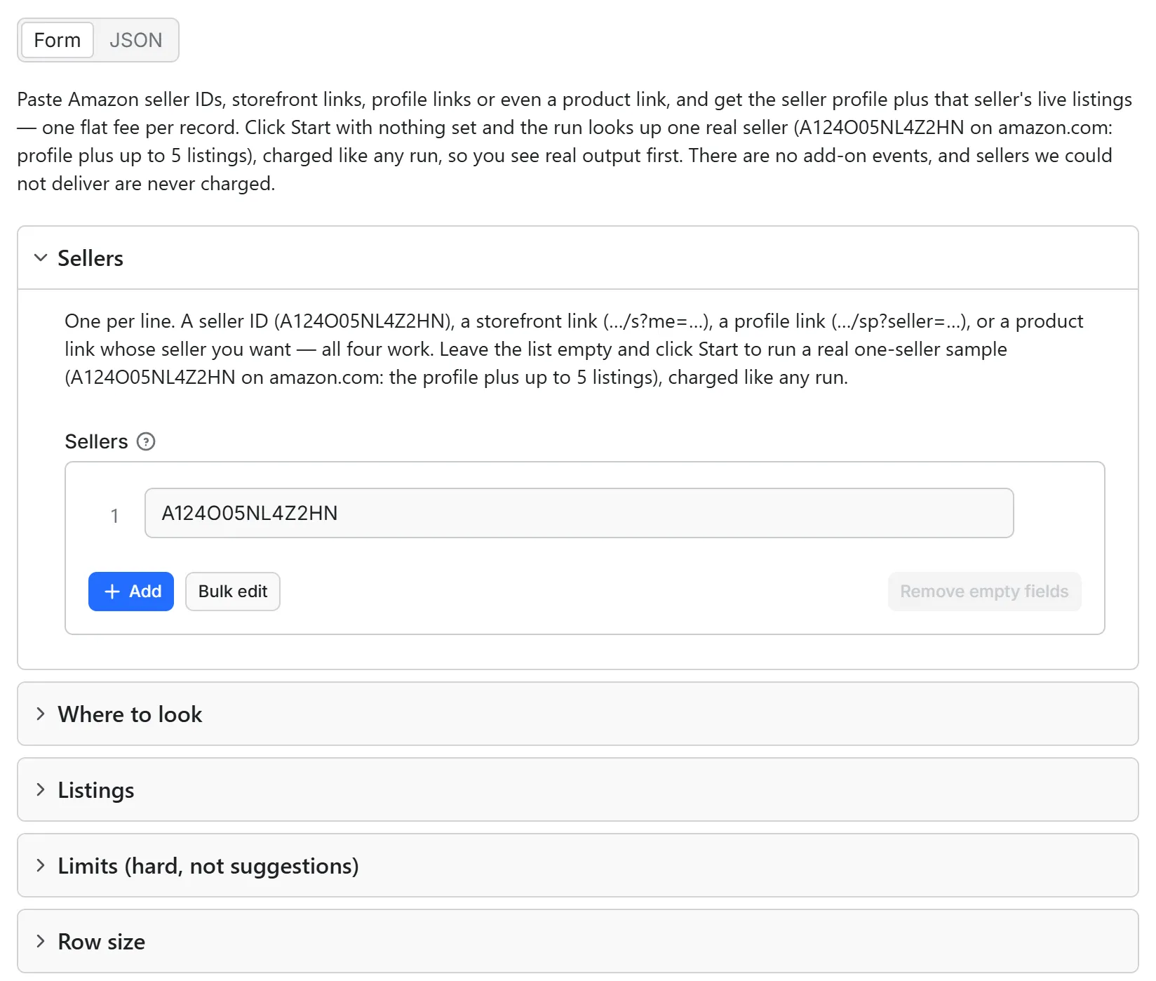 Amazon Seller Scraper input form in the Apify console: the Sellers list prefilled with seller ID A124O05NL4Z2HN