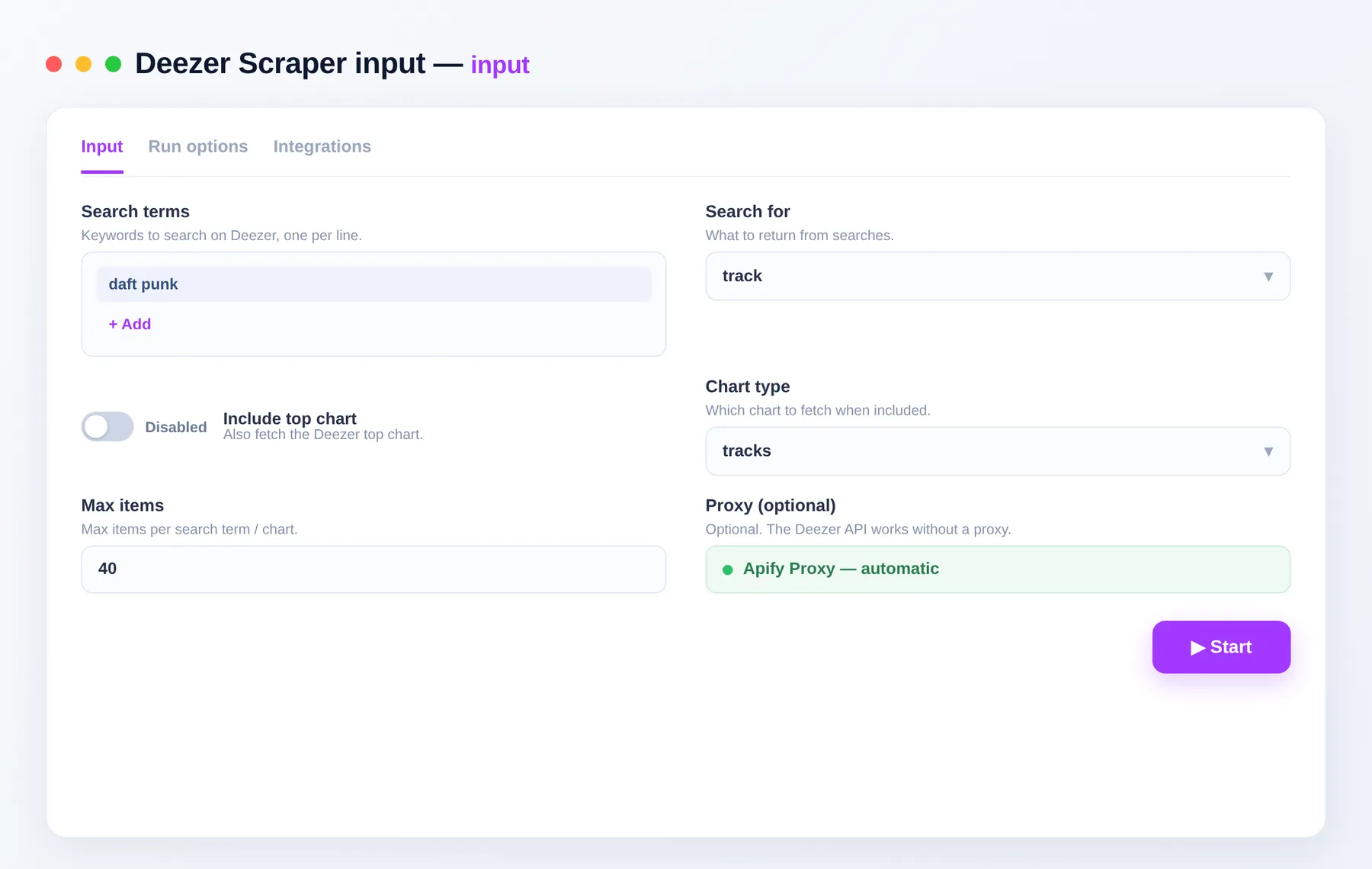 Deezer Scraper input โ searches, search type and chart options in the Apify Console