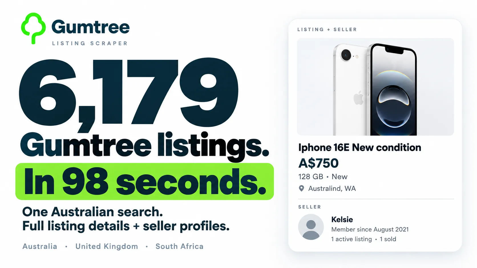 6,179 Gumtree listings. In 98 seconds. One Australian search with full listing details and seller profiles.