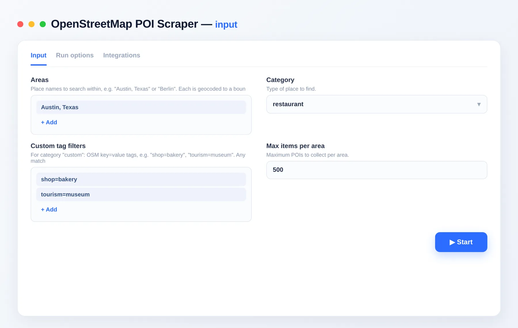 OpenStreetMap POI Scraper input — areas, category and item limit in the Apify Console