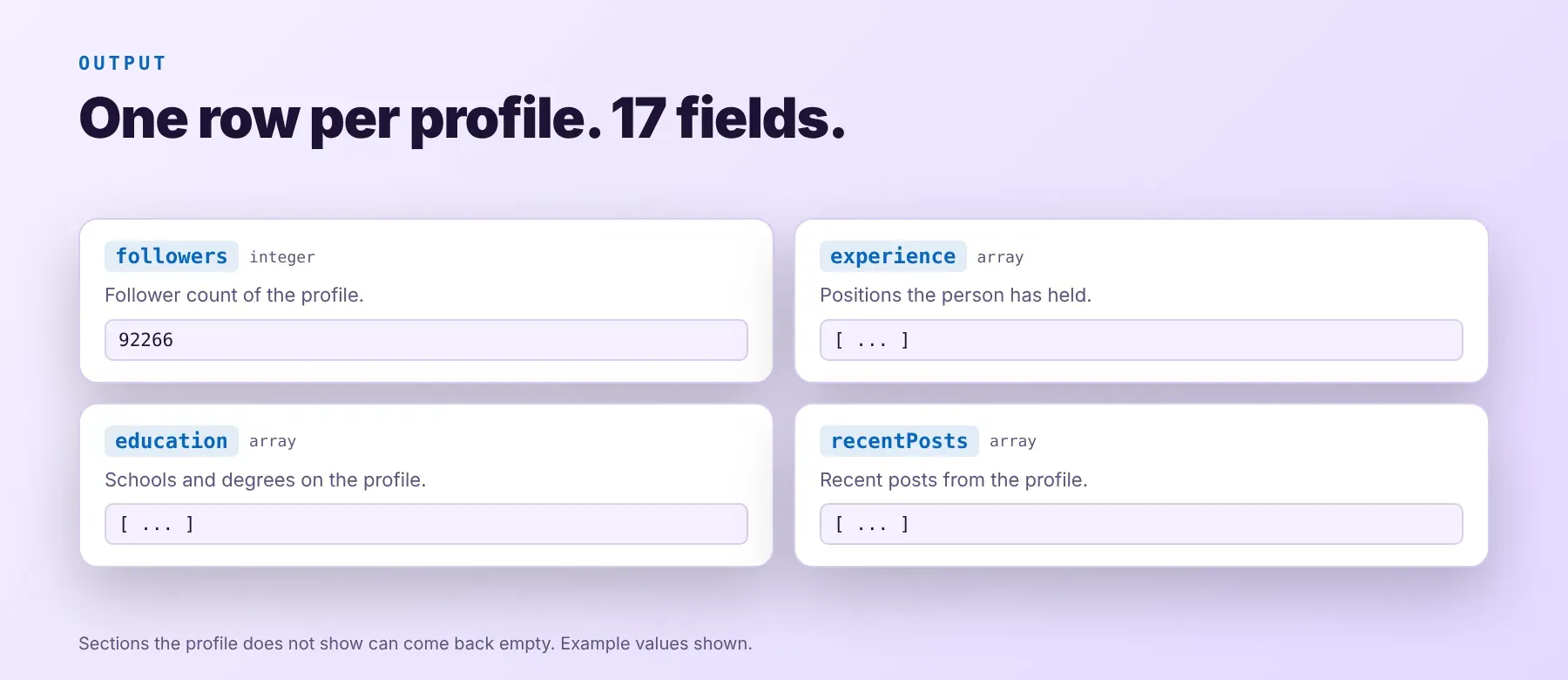 LinkedIn Profile Scraper output: followers, experience, education and recent posts