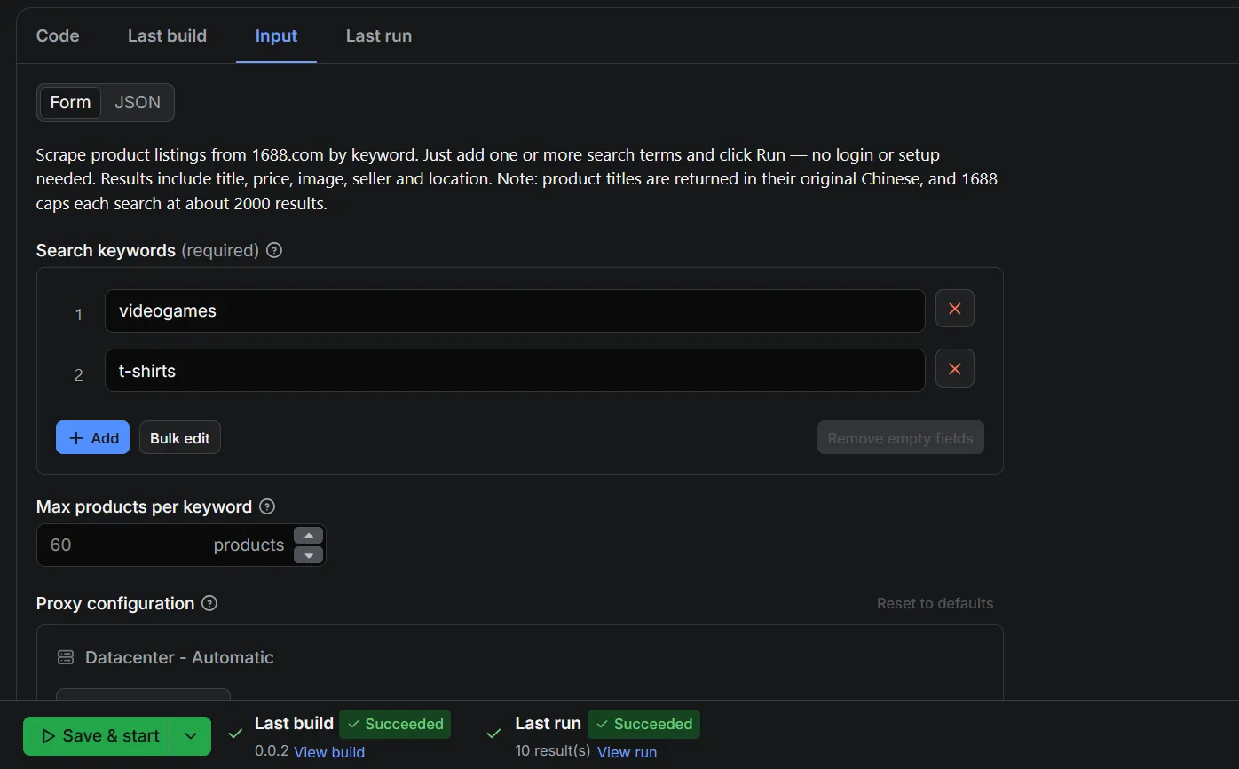 1688.com Search Scraper input form in the Apify Console
