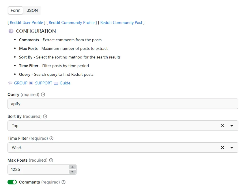 Reddit Post Search input configuration showing 5 parameters: Query (search keywords), Max Posts (number input), Sort By (dropdown selector), Time Filter (dropdown selector), and Comments (checkbox)