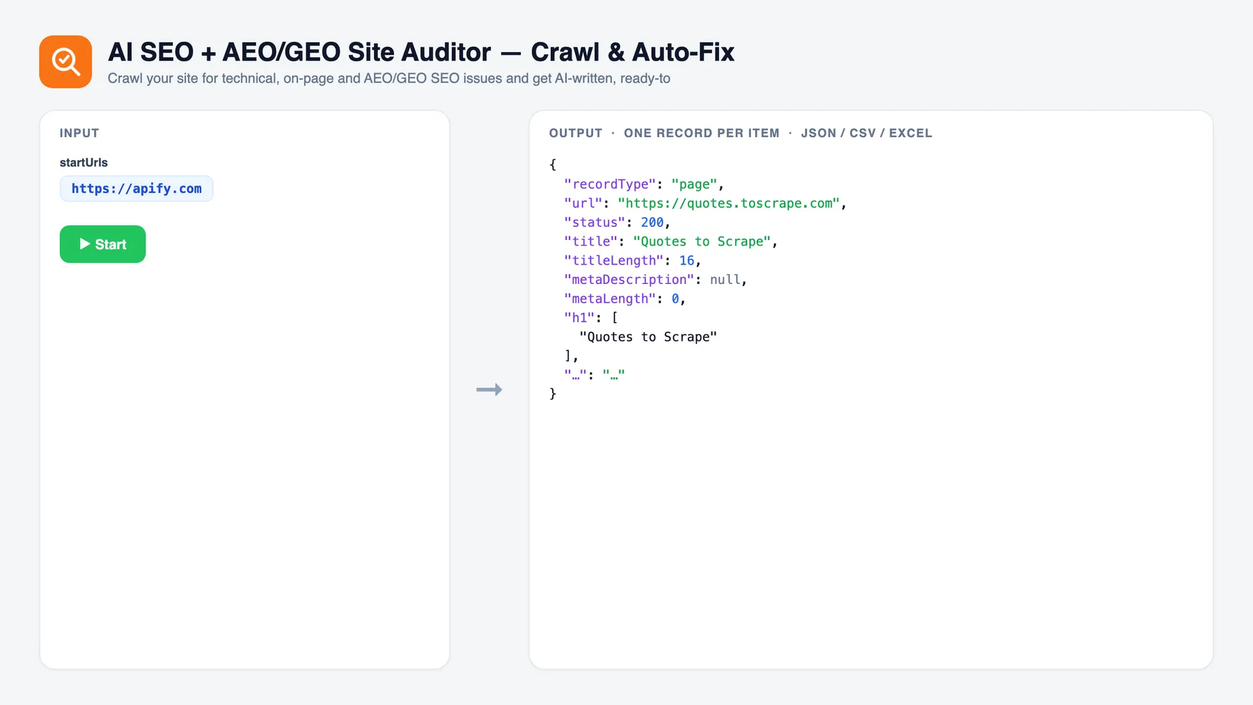 AI SEO + AEO/GEO Site Auditor — Crawl & Auto-Fix — input and sample output