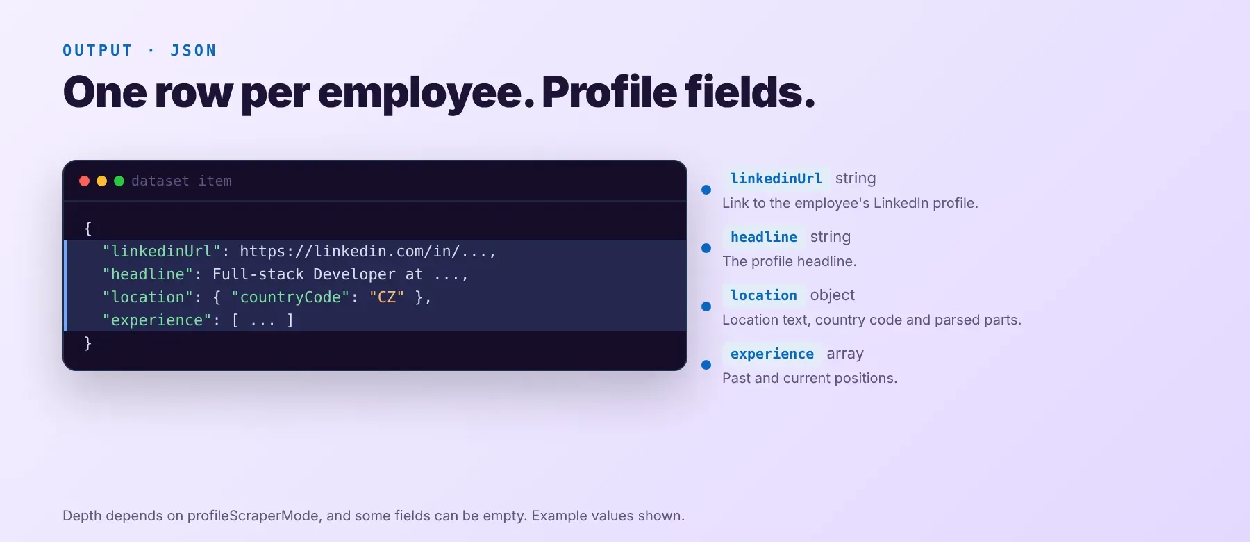 LinkedIn Company Employees Scraper output: profile URL, headline, location and experience