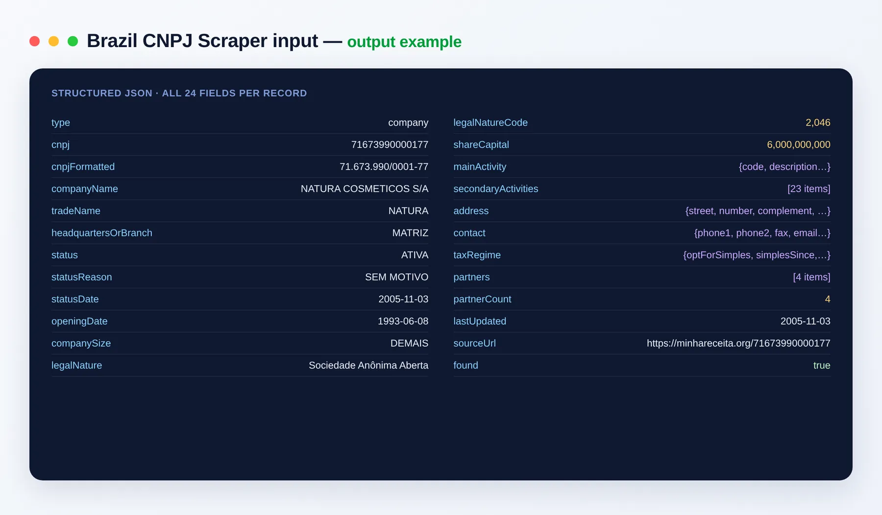 Brazil CNPJ Scraper output example — company records with name, status and CNAE codes as structured JSON