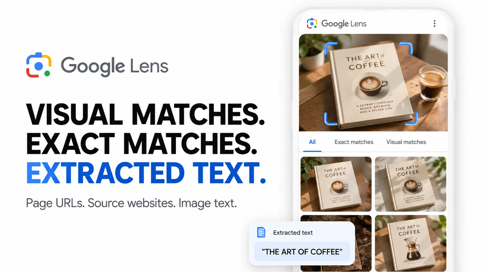 Visual matches. Exact matches. Extracted text. Page URLs, source websites and image text from Google Lens.