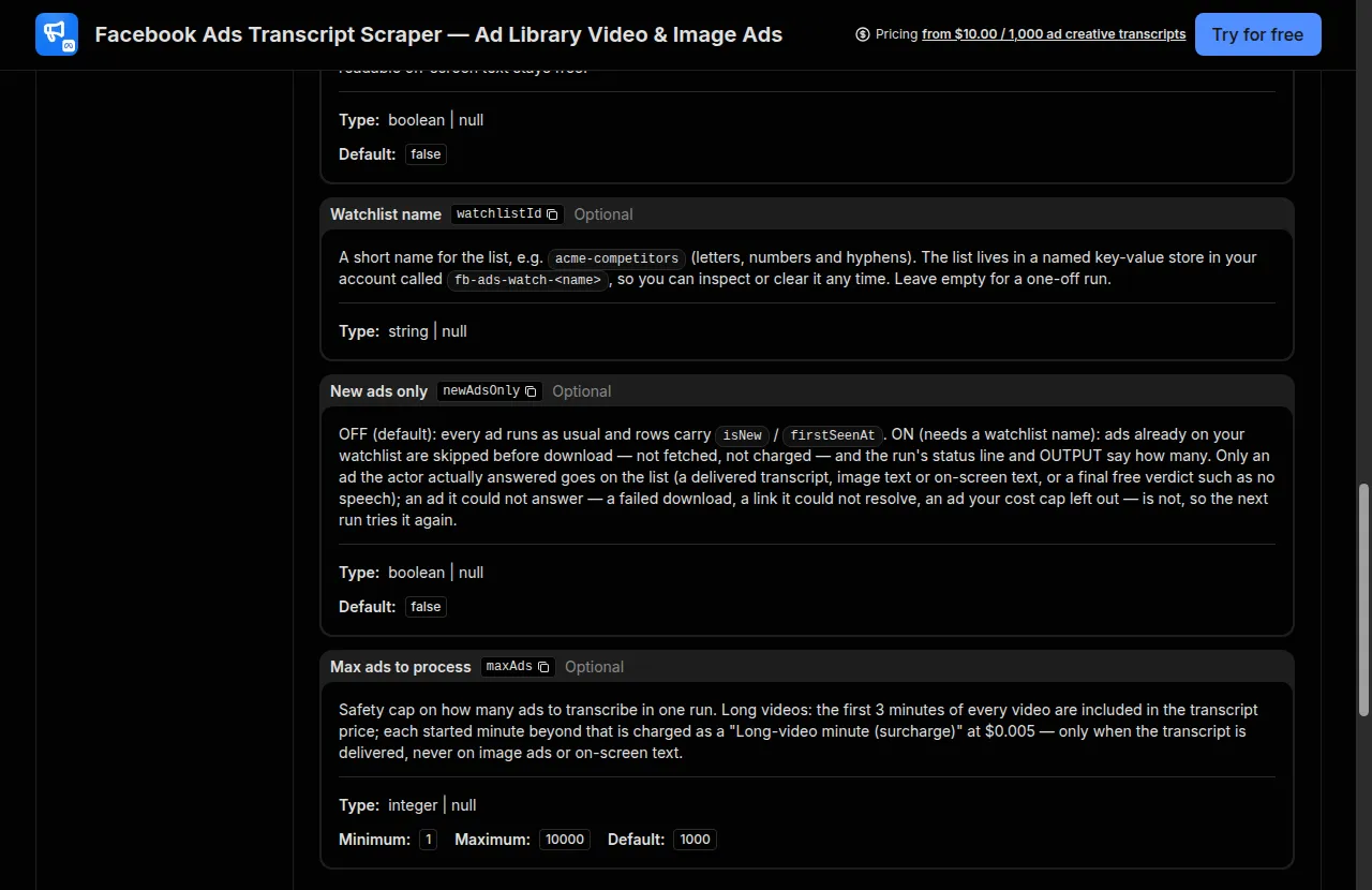 The input form: search keywords, country, Ad Library links, and the watchlist fields