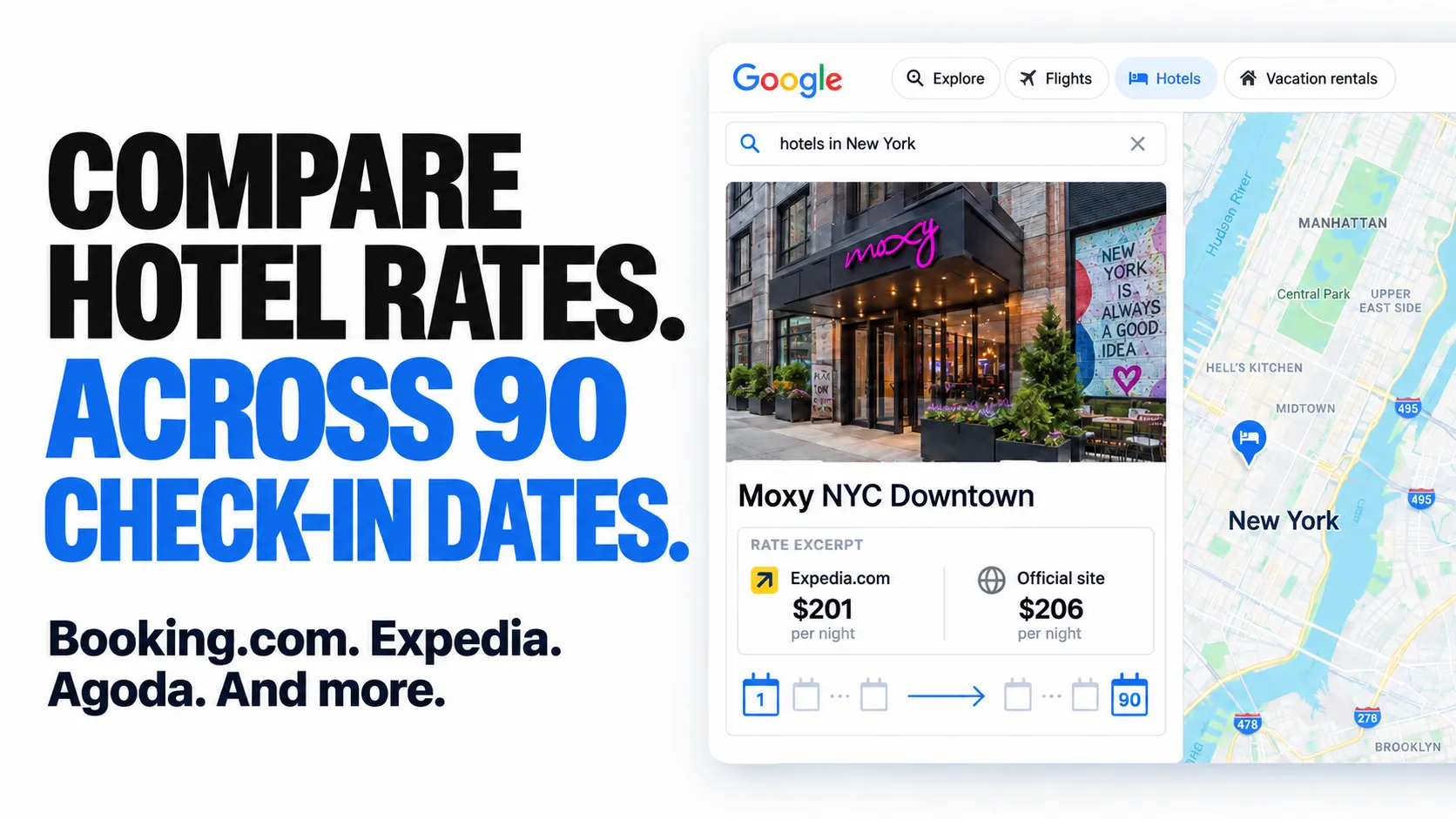Compare hotel rates. Across 90 check-in dates. Booking.com. Expedia. Agoda. And more.