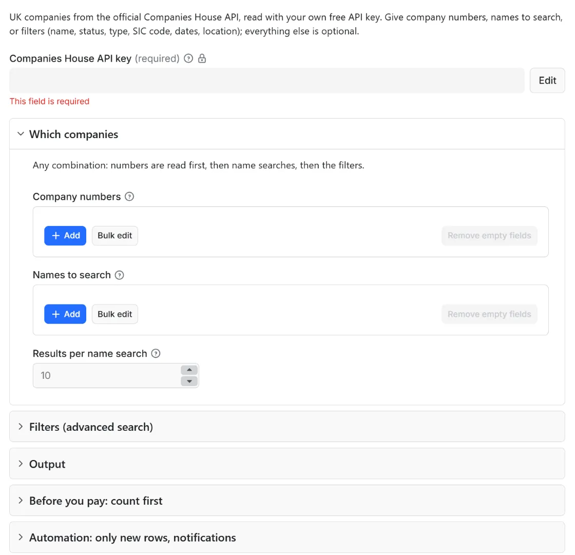 Input form of UK Companies House Scraper: Company Search & Profiles API