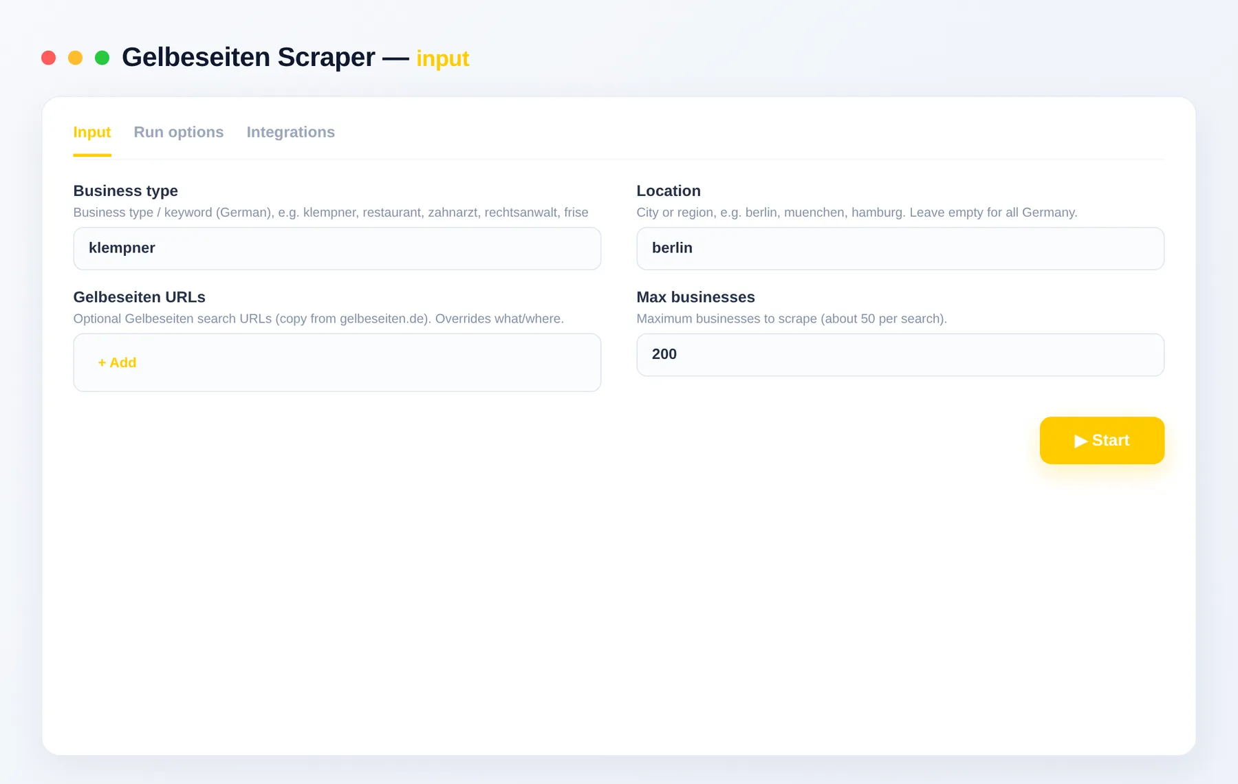 Gelbeseiten Scraper input — what, where and maxItems in the Apify Console