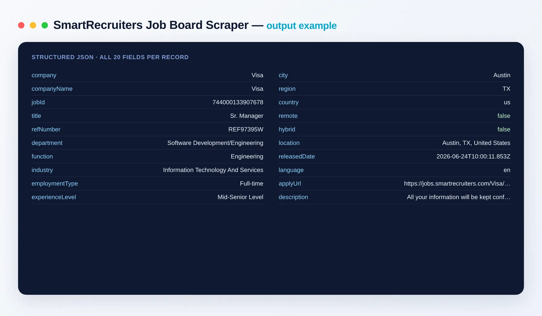 SmartRecruiters Job Scraper output example — job listings as structured JSON