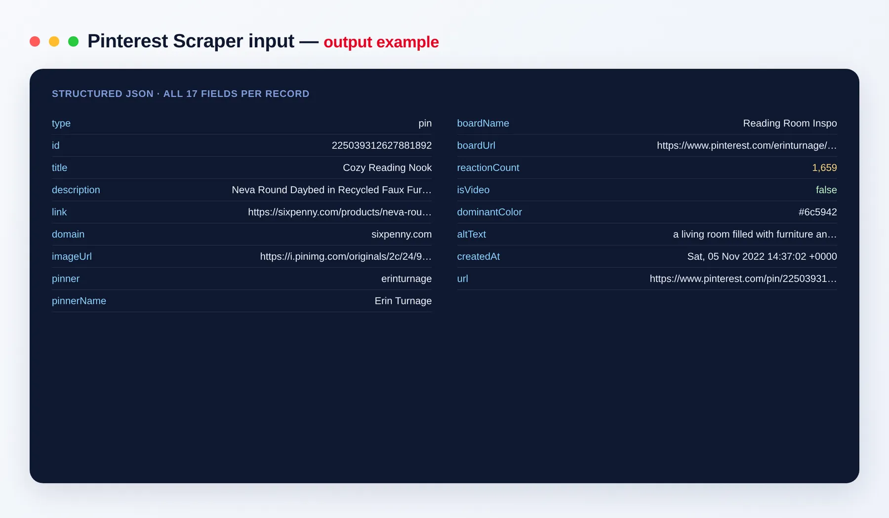 Pinterest Scraper output example — pins, boards and users as structured JSON