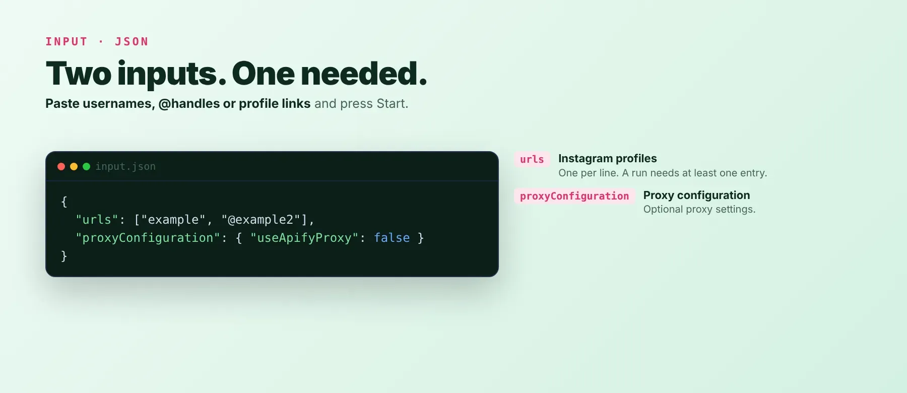 Instagram Followers Count Scraper input fields: urls and proxyConfiguration
